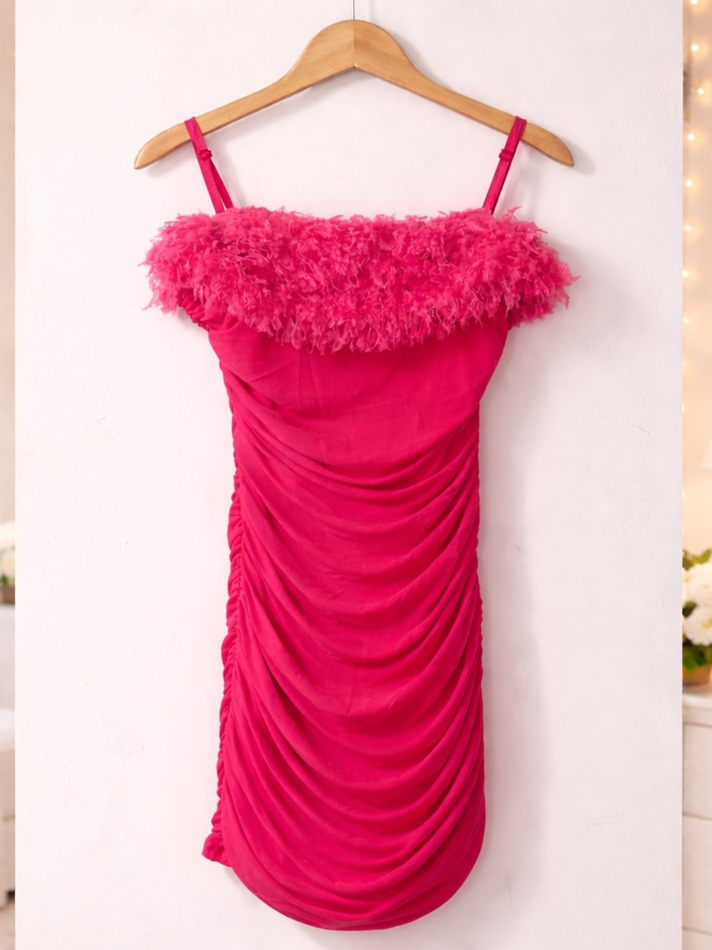 ✨ Klesis Fuchsia Feathered Mini Dress Ruched Party Dress Size M